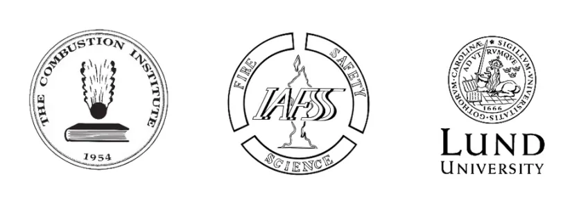 Logotypes of the Combustion Institute, International Association for Fire Safety Science (IAFSS) and Lund University.